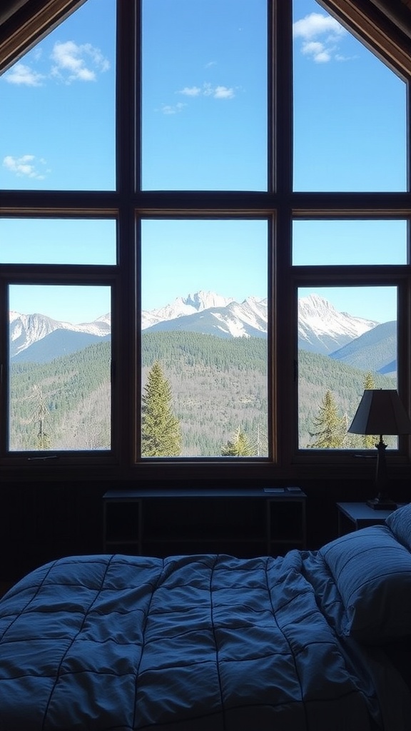 A cabin bedroom with large windows showcasing a mountain view