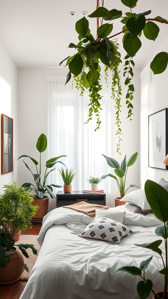 A modern luxury bedroom featuring various indoor plants, including hanging and potted varieties, with a cozy bed and natural light.