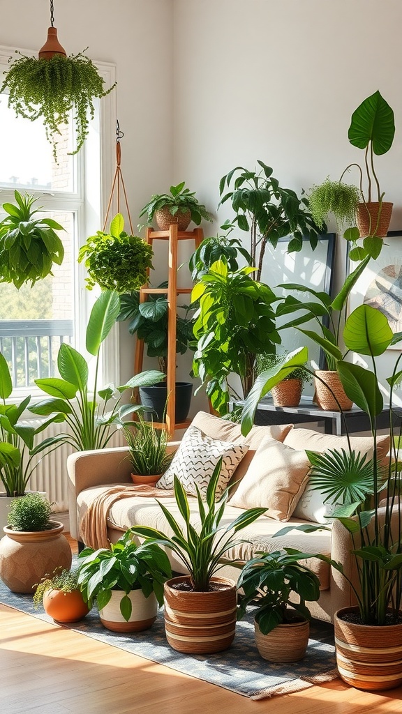 A cozy living room filled with various potted plants, hanging greenery, and natural decor elements.