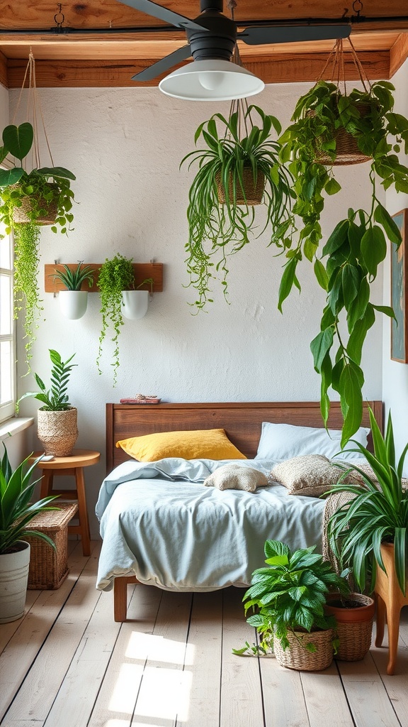 A rustic bedroom featuring various plants, including hanging and potted varieties, creating a natural and cozy atmosphere.