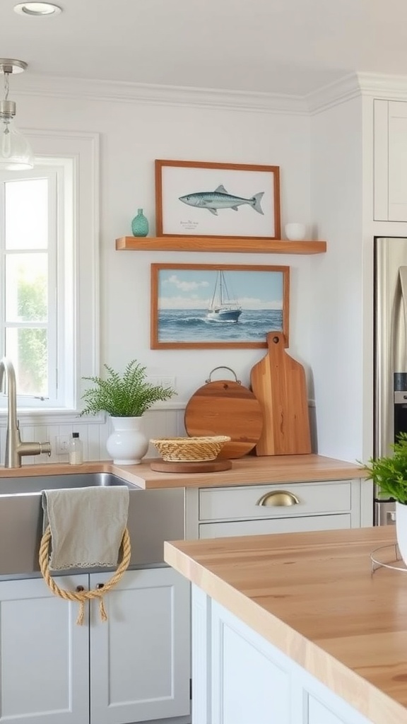 Coastal kitchen with nautical elements including artwork, wooden cutting boards, and a rope towel.