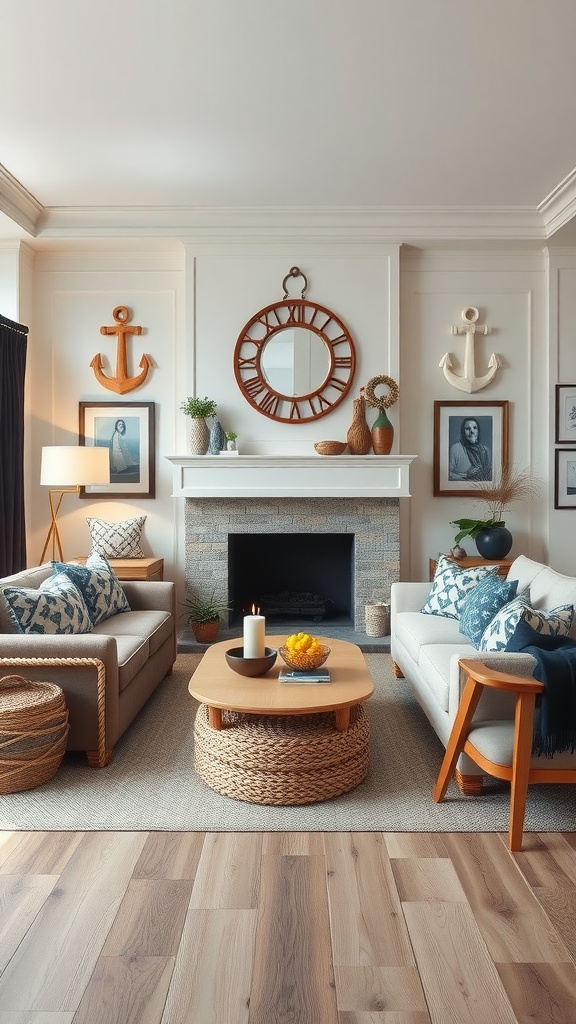 A coastal chic living room featuring nautical elements such as anchors, a round mirror, and natural materials.