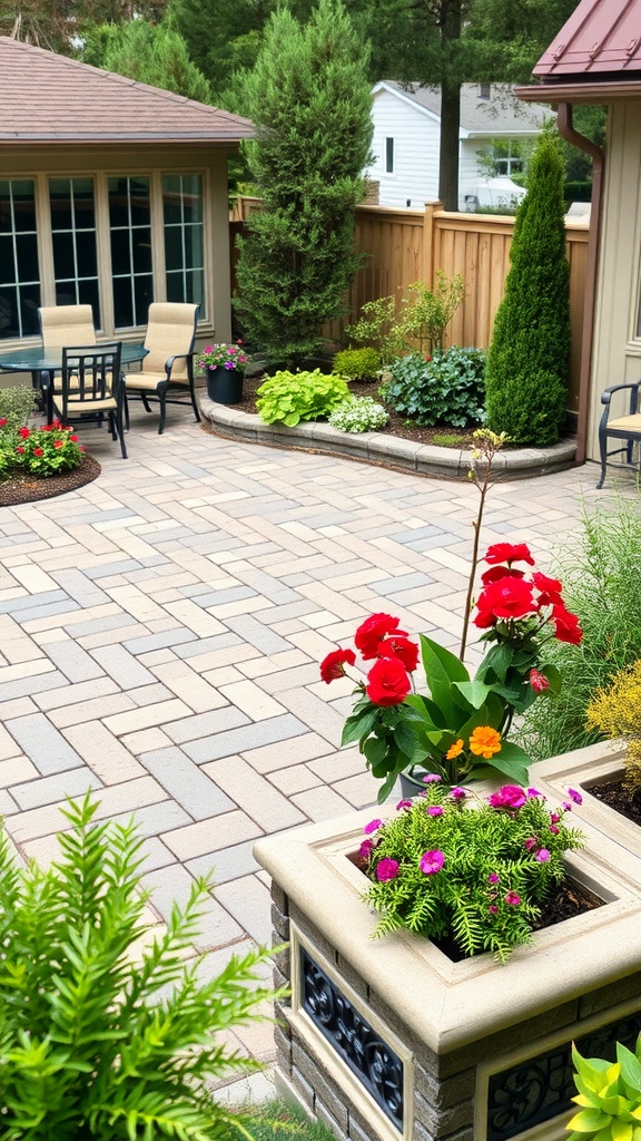 A beautifully designed paver patio with colorful planters and greenery