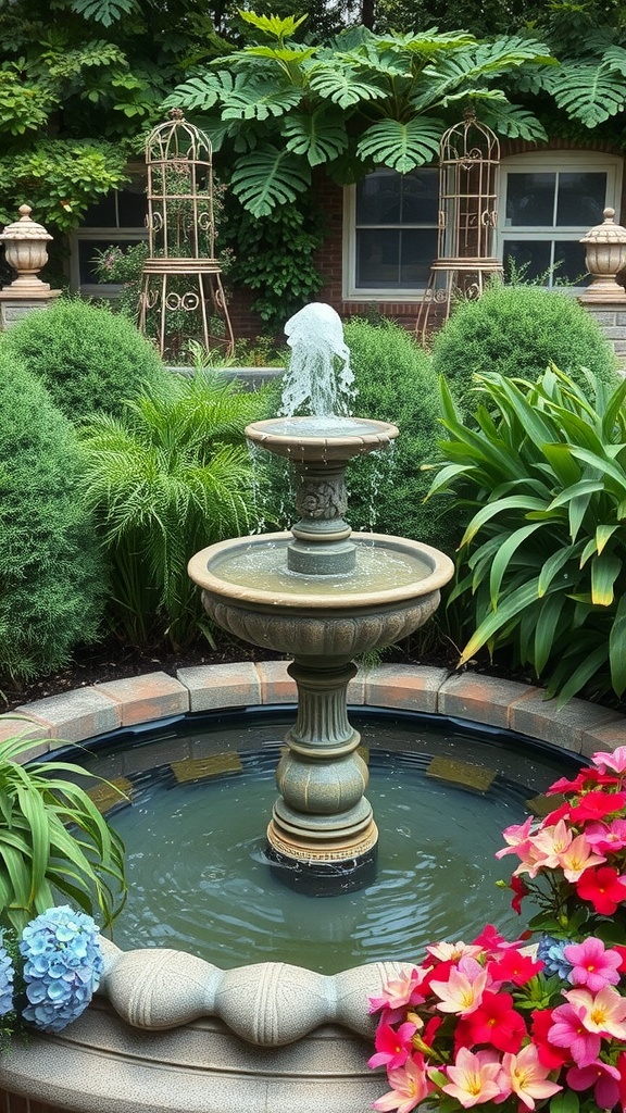 A three-tiered garden fountain surrounded by lush greenery and colorful flowers.