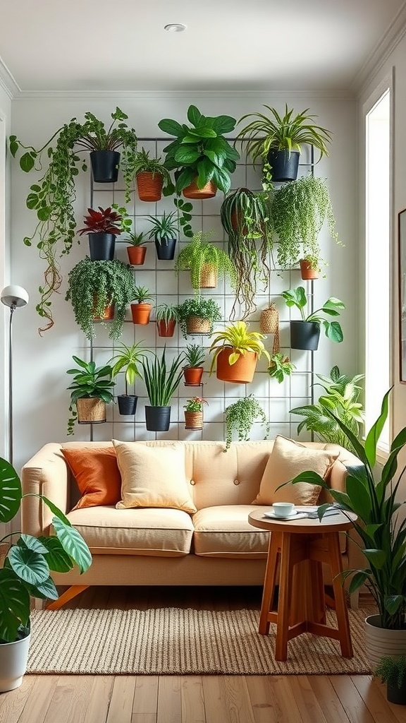 A cozy living room featuring a vertical garden filled with various plants, a beige sofa, and a wooden side table.