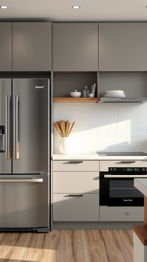 A modern kitchen featuring a smart refrigerator and oven with a sleek design.