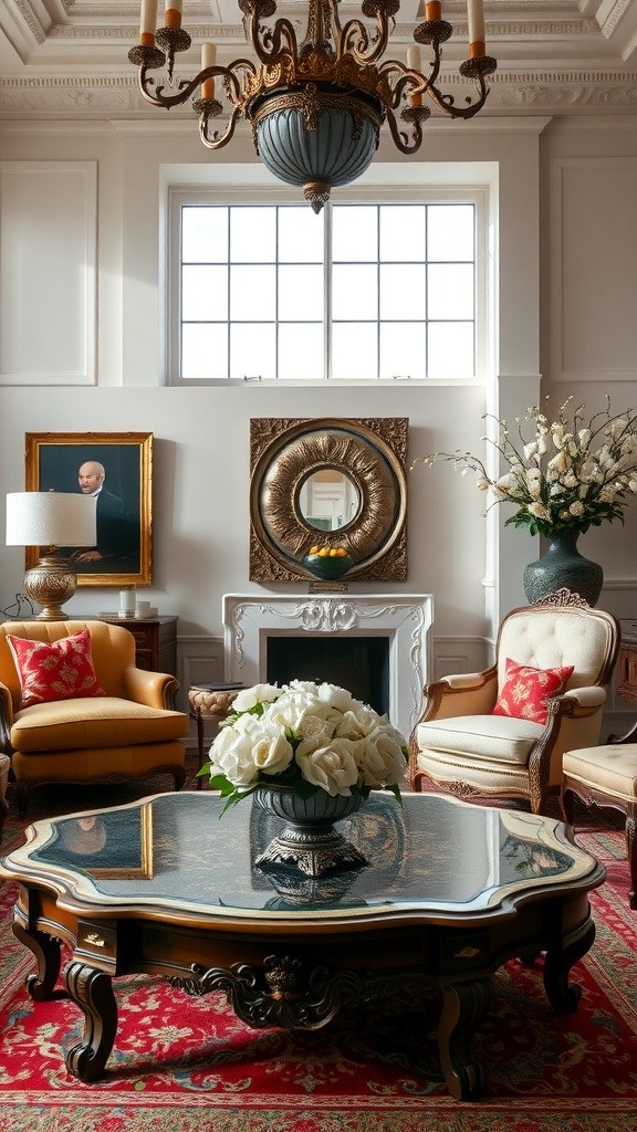 A formal living room featuring elegant armchairs, an ornate coffee table with flowers, and a decorative chandelier.