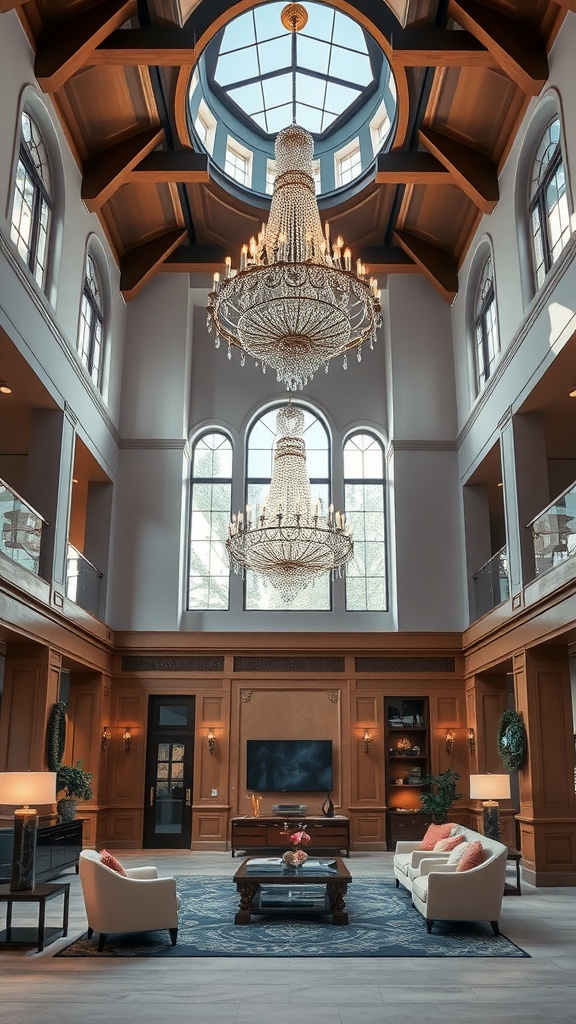 High-ceiling living room showcasing elegant chandeliers and stylish furniture.