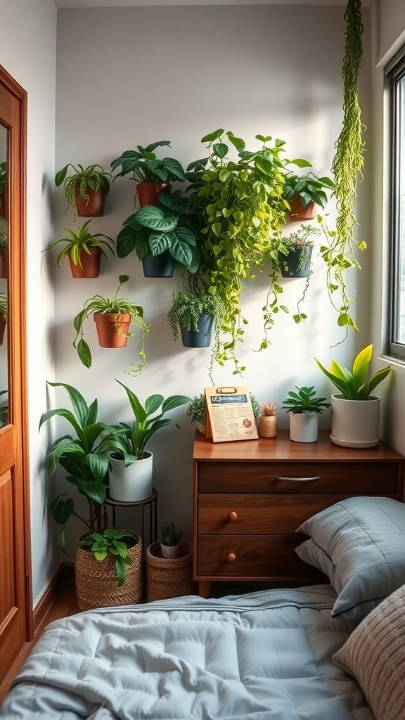 A small bedroom with a variety of wall-mounted plants and a bedside table featuring additional greenery.