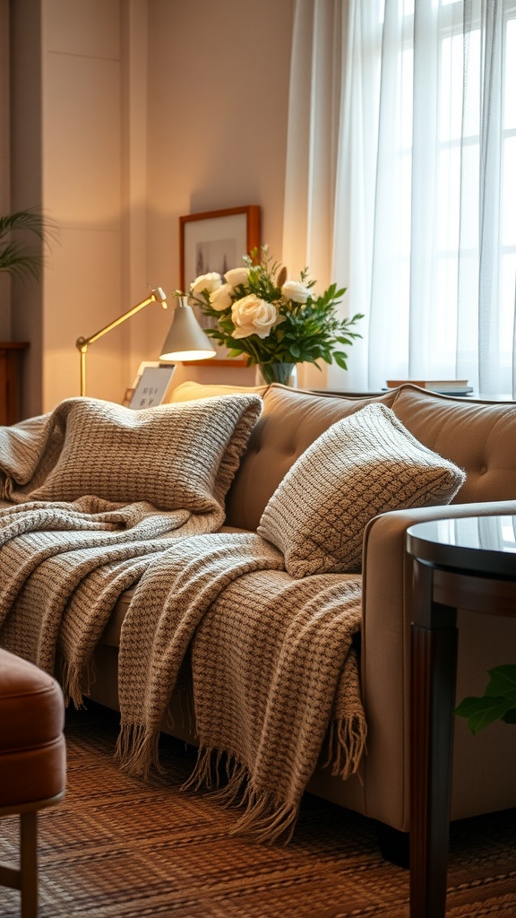 A cozy living room with a sofa covered in warm textured throws and pillows, featuring a soft rug and decorative flowers.