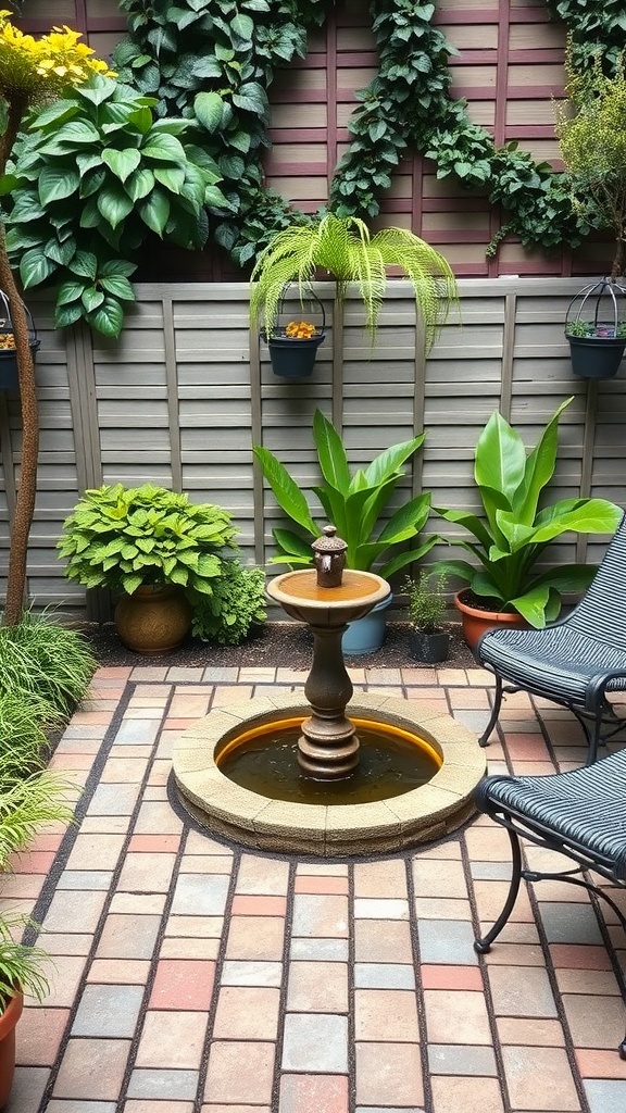 A cozy patio featuring a fountain surrounded by lush greenery and paver stones.