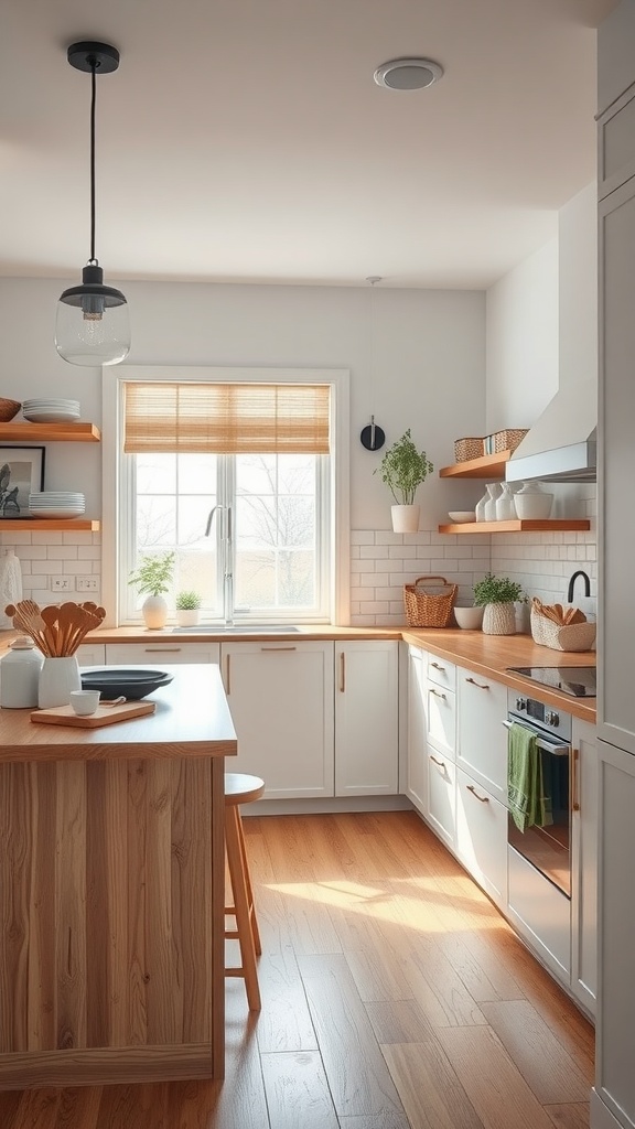 A bright Scandinavian kitchen featuring wood accents with an island and open shelving.