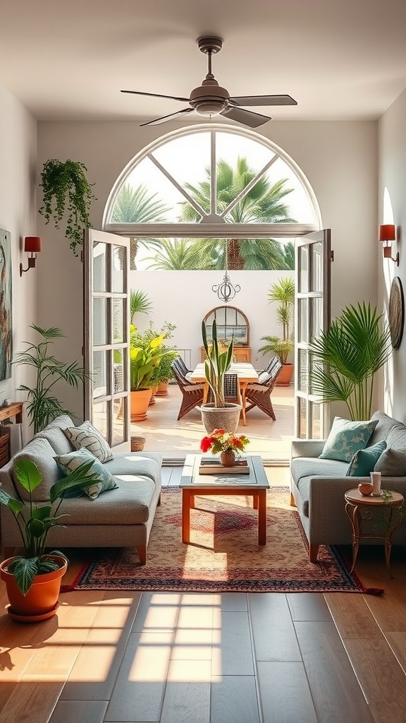 A beautifully designed Mediterranean living room with open doors leading to a lush outdoor space.