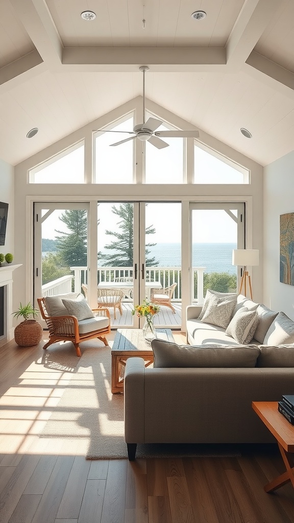 A bright and airy coastal chic living room with large glass doors leading to a beautiful outdoor view.