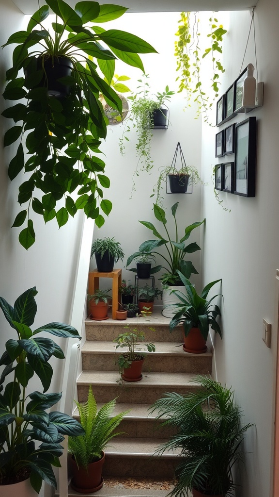 Staircase with various potted plants and hanging greenery.