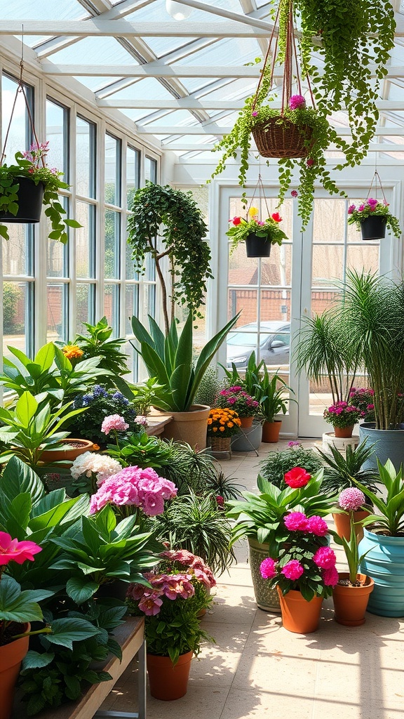 A sunroom filled with diverse plants in pots and hanging baskets, showcasing an indoor garden.