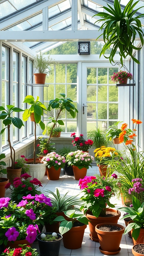 A bright and vibrant indoor garden in a sunroom, filled with various potted plants and flowers, showcasing a lively and natural atmosphere.