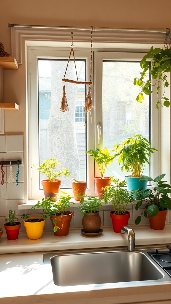 A kitchen window featuring a vibrant indoor herb garden in colorful pots.