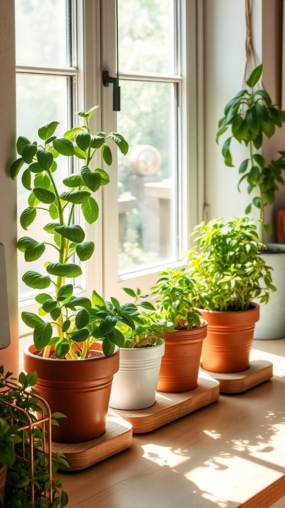 Indoor herb garden on a sunny windowsill with various potted plants.