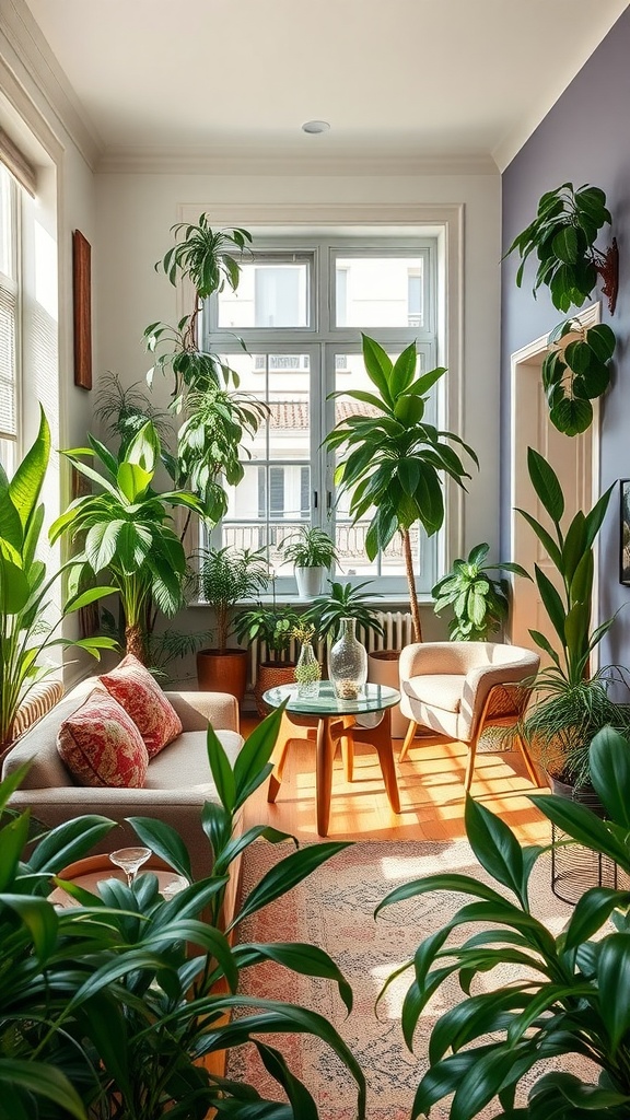 Cozy living room with various indoor plants, bright light, and comfortable seating.