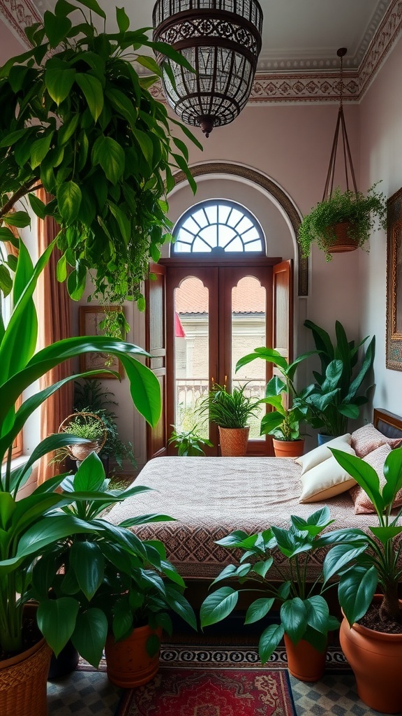 A Moroccan-style bedroom filled with indoor plants and a cozy bed.