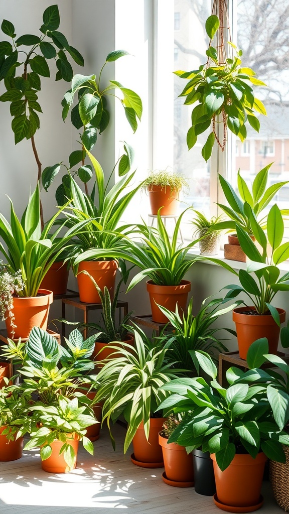 A bright room filled with various indoor plants in terracotta pots, showcasing a lush and vibrant greenery.