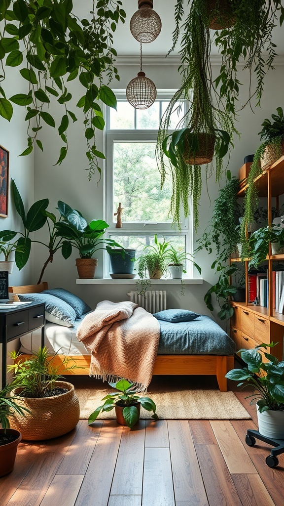 A cozy bedroom filled with various indoor plants, featuring a bed with soft linens and a warm blanket.