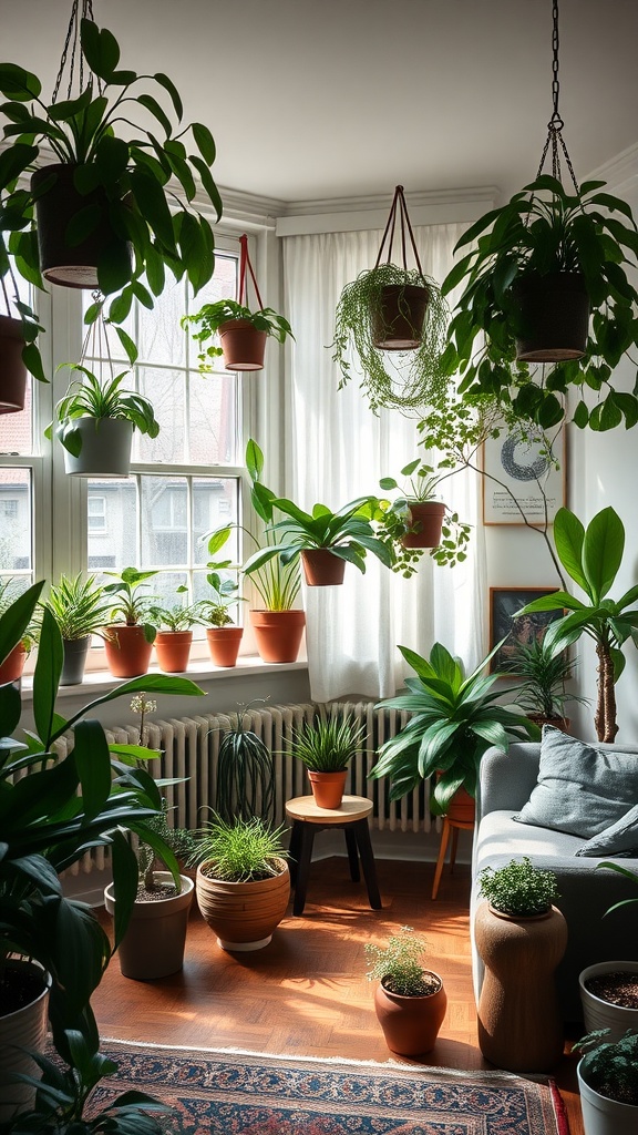 A cozy living room filled with various indoor plants, including hanging pots and a variety of potted plants on the floor and windowsill.