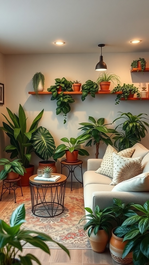 Cozy basement family room with indoor plants and cozy seating.