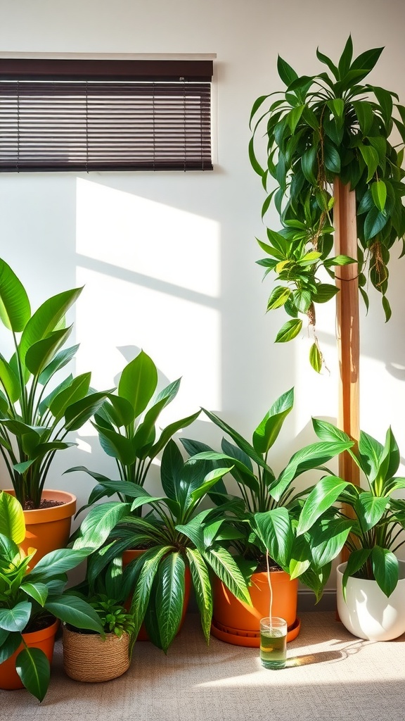 A collection of indoor plants in various pots, arranged near a window with sunlight streaming in.