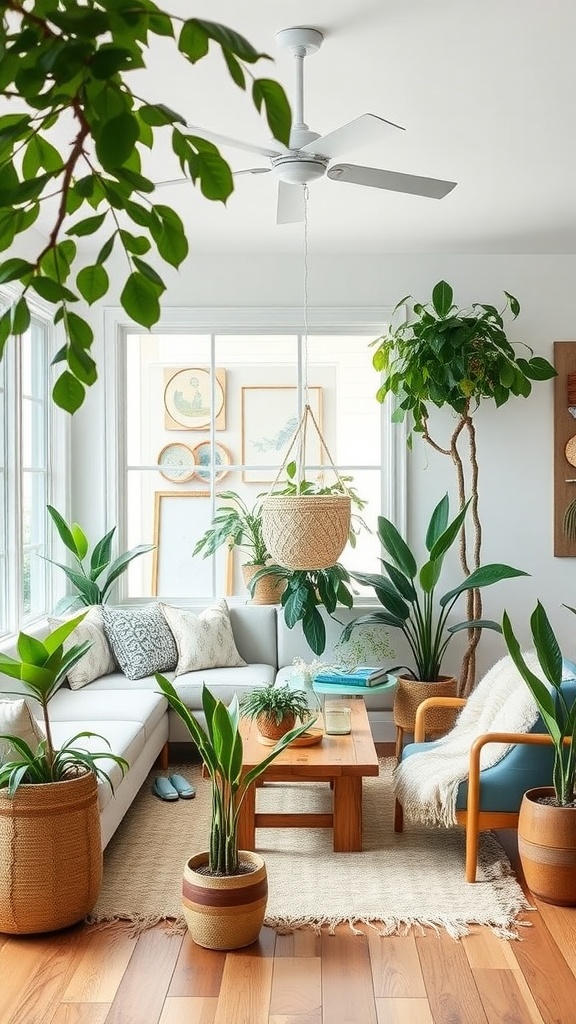 Coastal chic living room with various indoor plants, a cozy couch, and wooden coffee table.