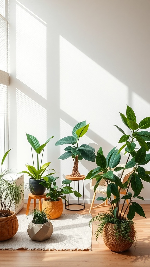 A bright living room featuring various indoor plants in stylish pots, highlighting a Japandi design aesthetic.