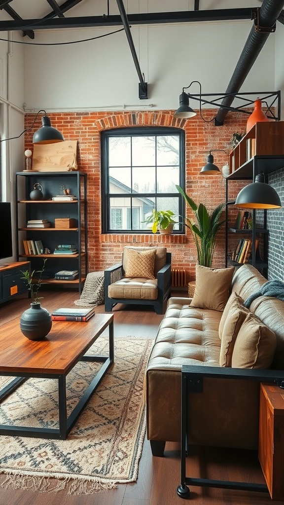 A cozy industrial-style living room with exposed brick wall, metal furniture, and warm accents.