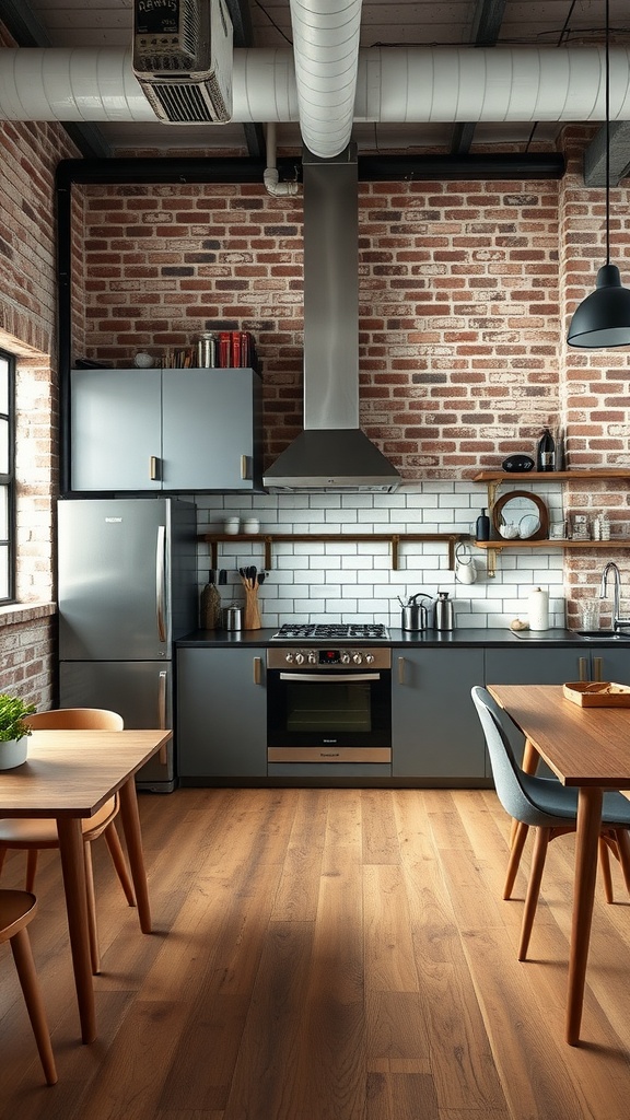 A stylish kitchen showcasing industrial chic design with exposed brick walls, sleek cabinets, and wooden flooring.