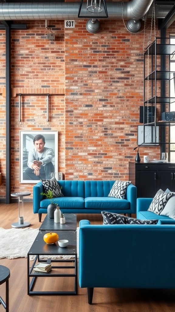 Living room featuring a vibrant blue sofa with industrial decor elements.