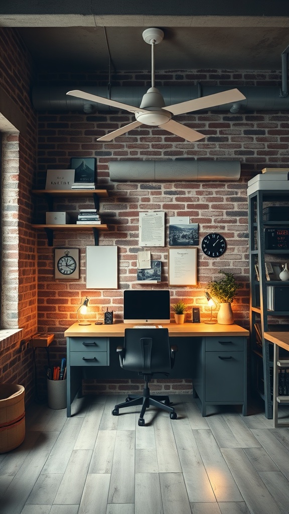 A cozy home office featuring an exposed brick wall, a wooden desk, and stylish lighting, embodying industrial chic design.