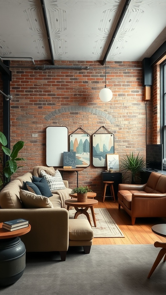 A cozy industrial-style living room featuring exposed brick walls, a beige sofa, a brown leather chair, and decorative plants.