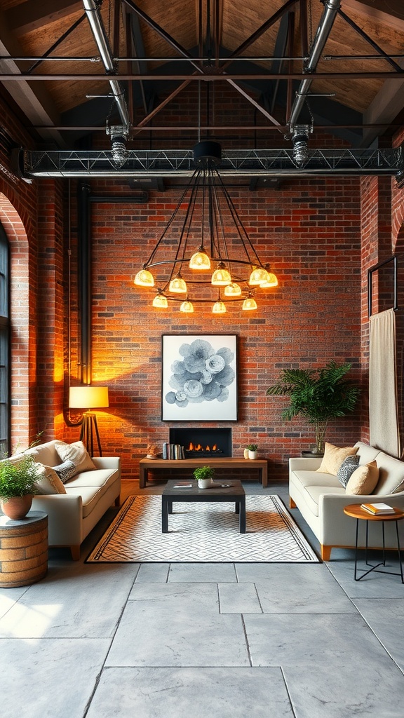 A stylish living room featuring exposed brick walls, soft sofas, and an industrial chandelier.