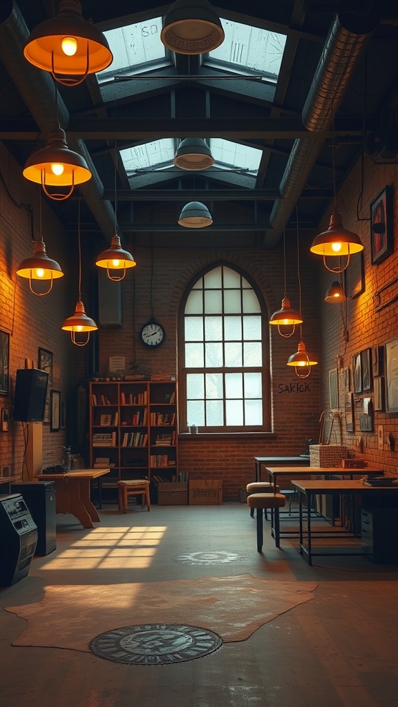 An industrial-style room filled with warm pendant lighting and vintage decor.