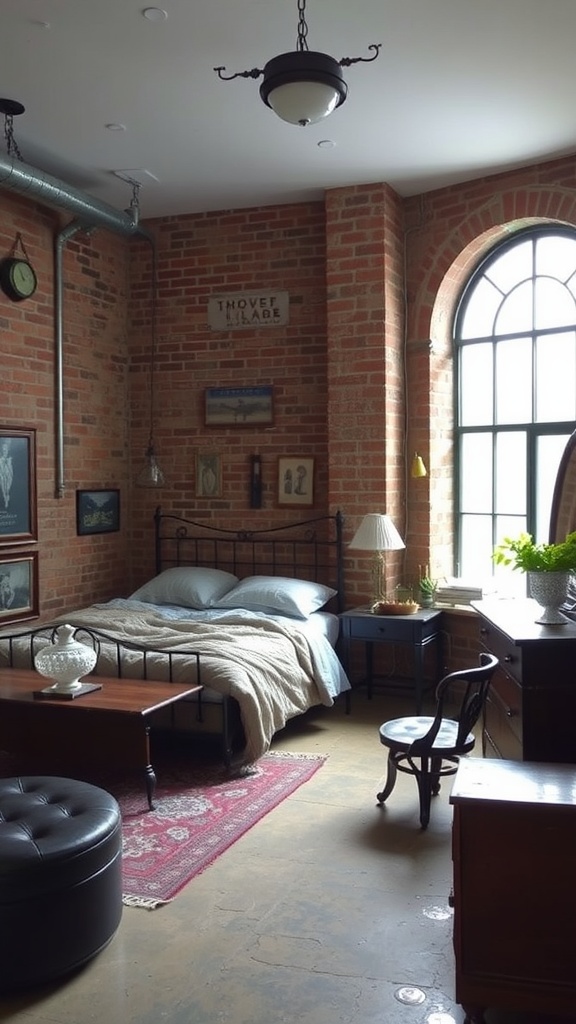 A cozy industrial loft bedroom featuring exposed brick walls, a black metal bed, and vintage furniture.