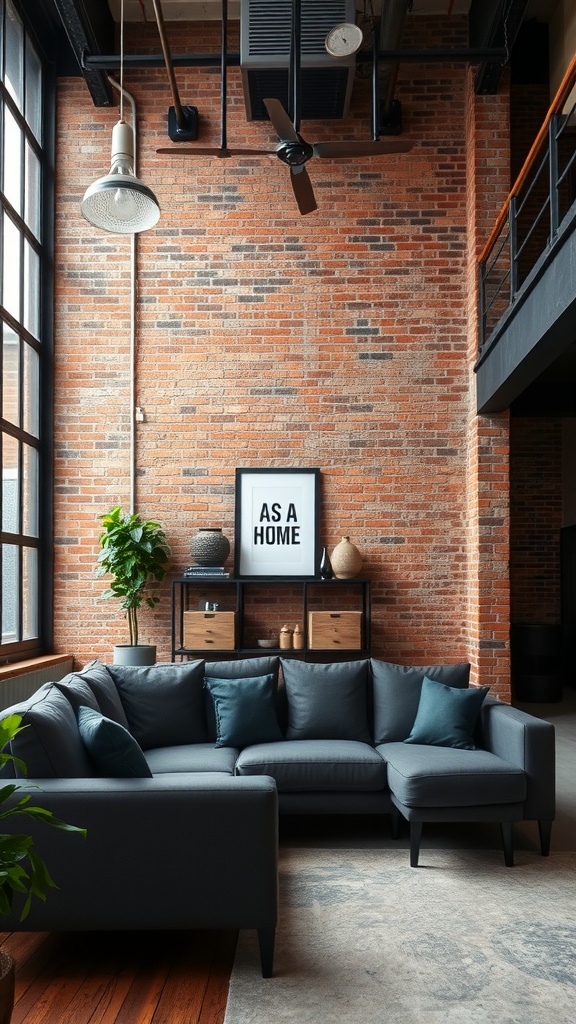 A stylish industrial loft living room featuring a dark gray sofa, exposed brick walls, and modern decor.