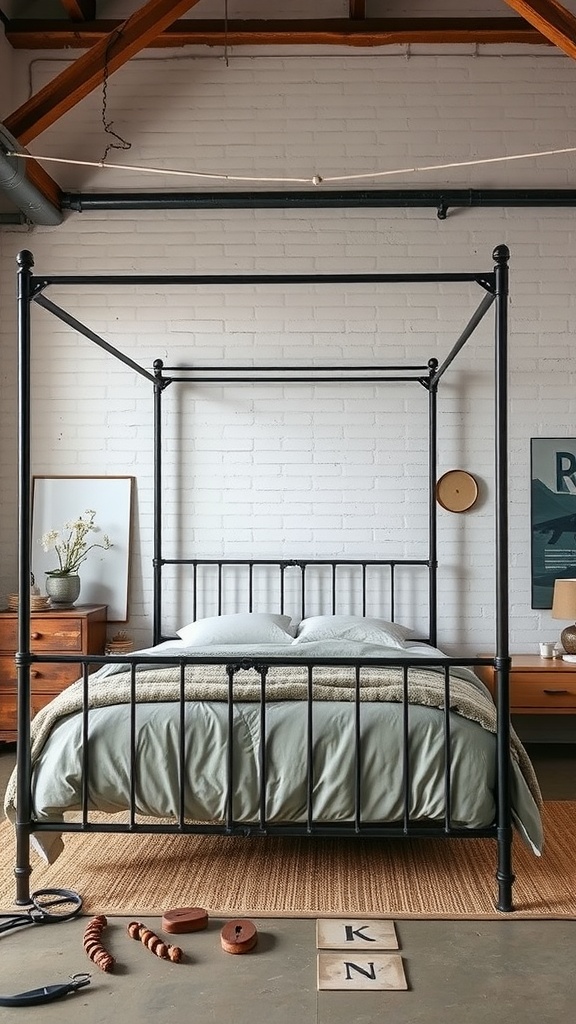 An industrial style canopy bed featuring a black metal frame, light green bedding, and a cozy interior with natural elements.