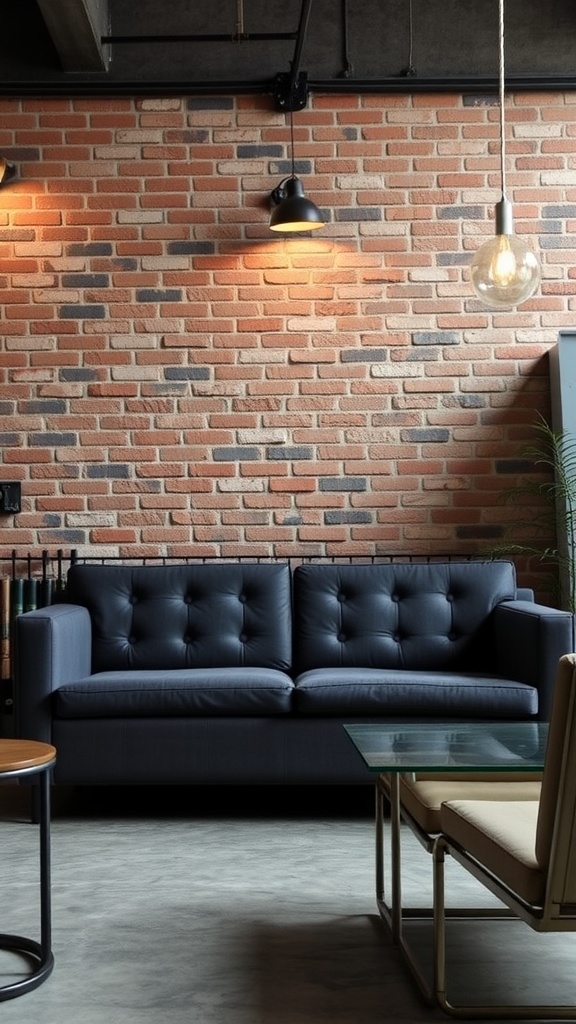 A stylish dark gray sofa in an industrial-style living room with a brick wall and unique lighting.