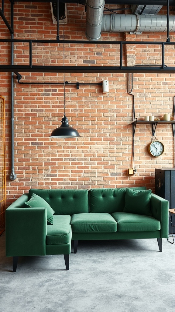 A green couch in an industrial style living room with exposed brick walls and metal accents.