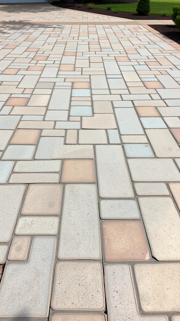 A detailed view of a cement driveway featuring inlaid designs with various natural stone colors and patterns.