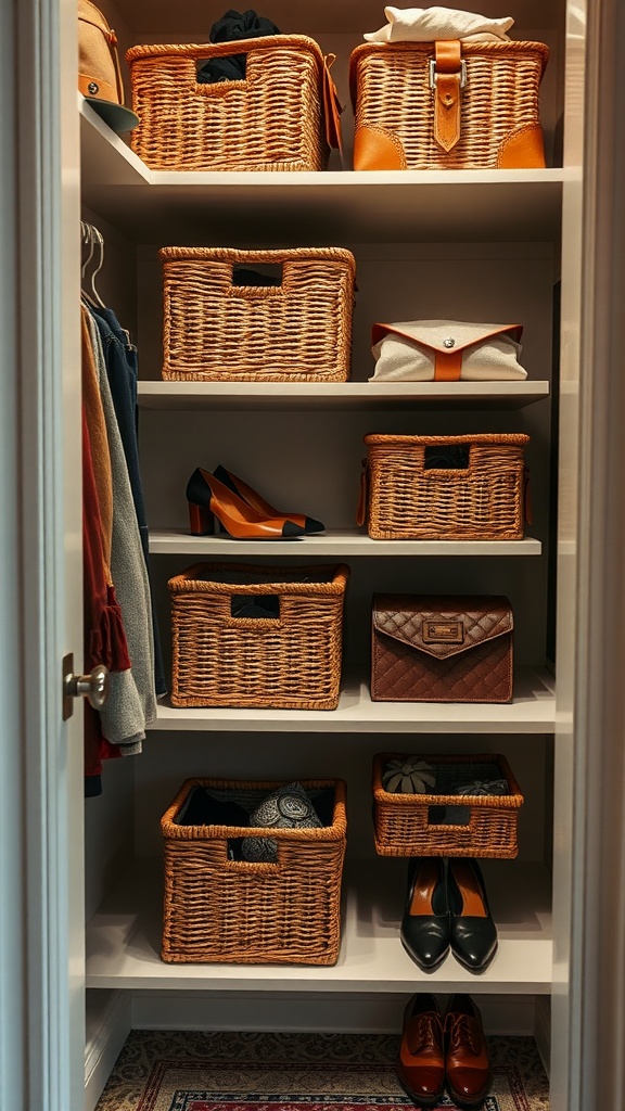 A neatly organized closet with woven baskets on shelves, containing various items and shoes.