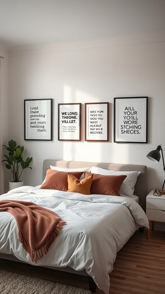 A cozy bedroom with framed inspirational quotes on the wall, a neatly made bed, and plants creating a warm atmosphere.