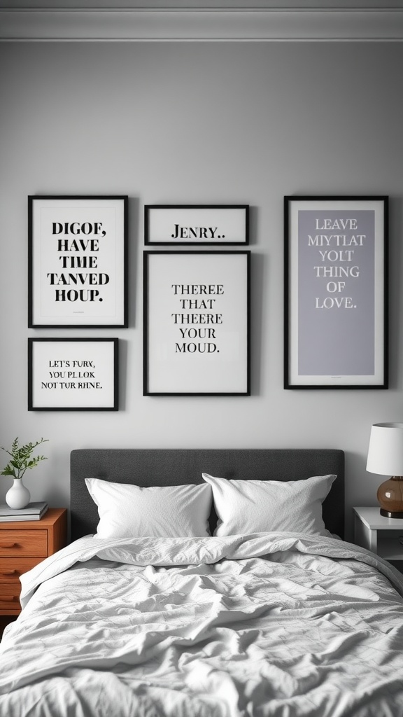 Framed inspirational quotes on a bedroom wall, adding character and motivation to the decor.