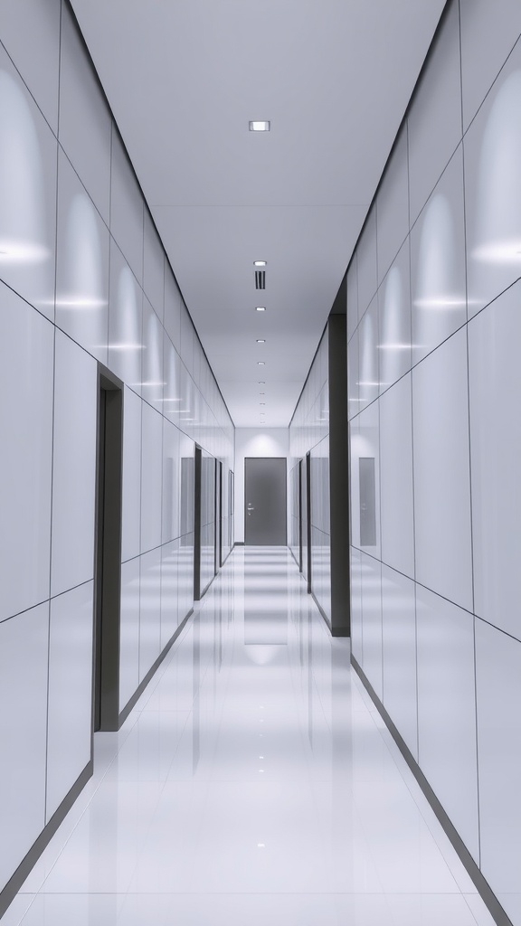 A modern hallway featuring sleek paneling and integrated LED lighting