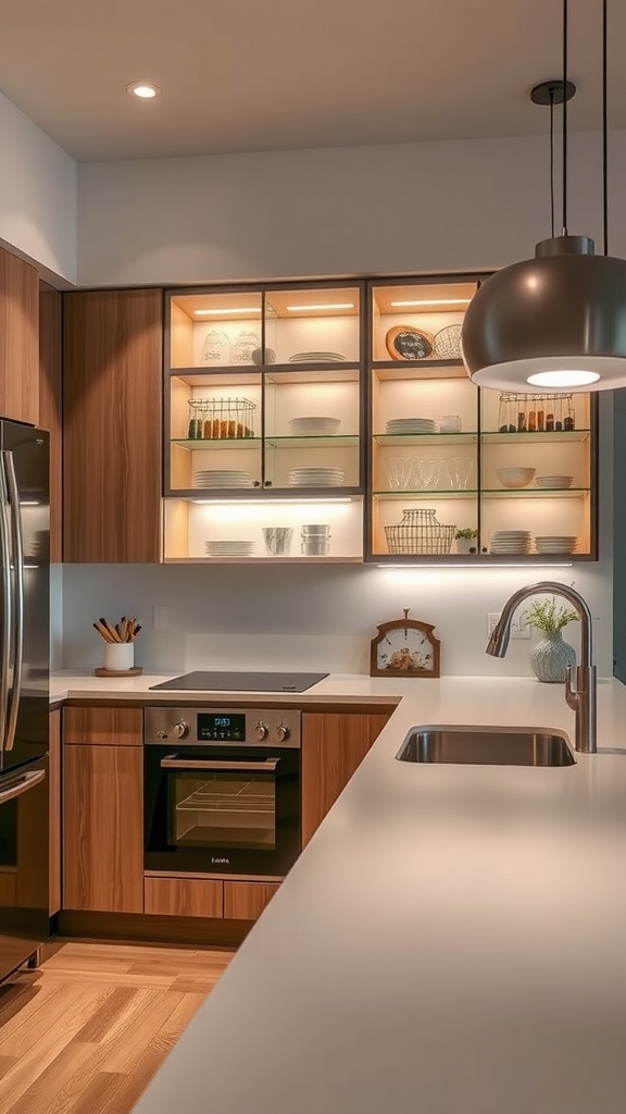 A modern kitchen with integrated lighting in glass cabinets, showcasing plates and glassware.